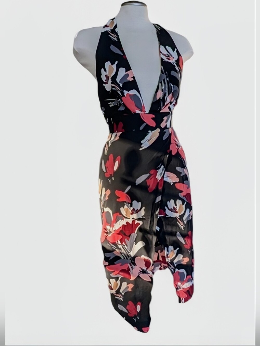 Olivaceous Women's Halter Midi Dress Black & Red Floral Size Small Faux Wrap